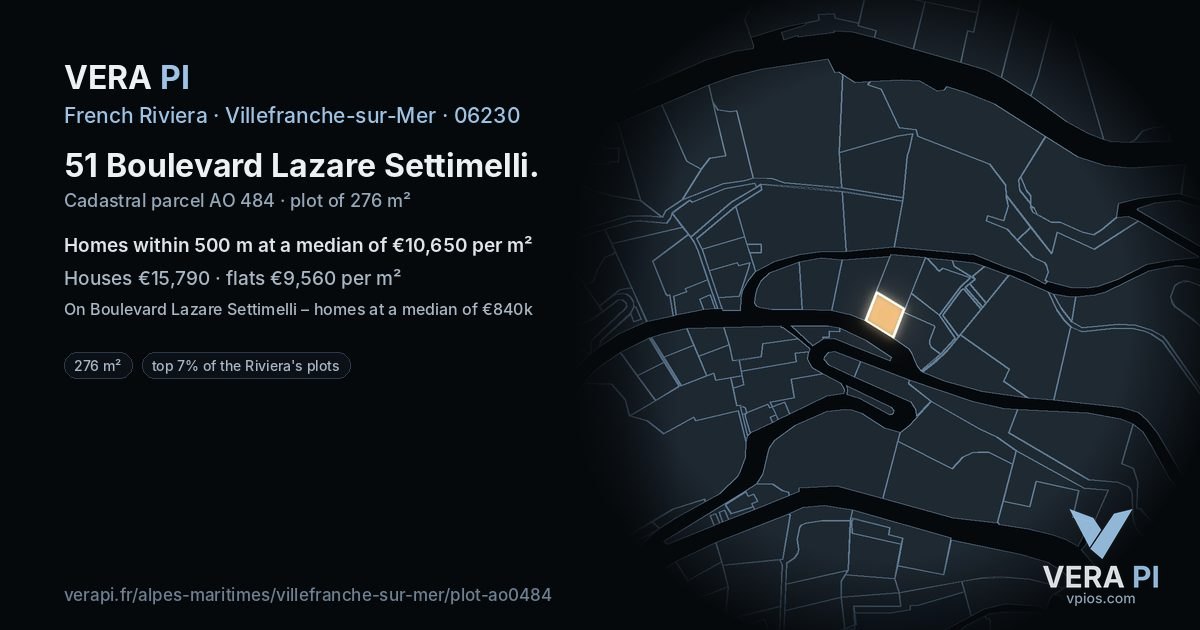 51 Boulevard Lazare Settimelli, Villefranche-sur-Mer at night – the plot lit, the parcels around coloured by the prices near them