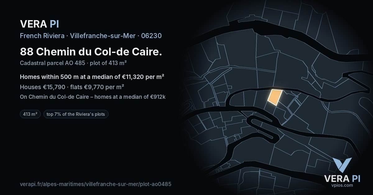 88 Chemin du Col-de Caire, Villefranche-sur-Mer at night – the plot lit, the parcels around coloured by the prices near them