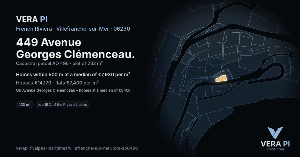 449 Avenue Georges Clémenceau, Villefranche-sur-Mer at night – the plot lit, the parcels around coloured by the prices near them