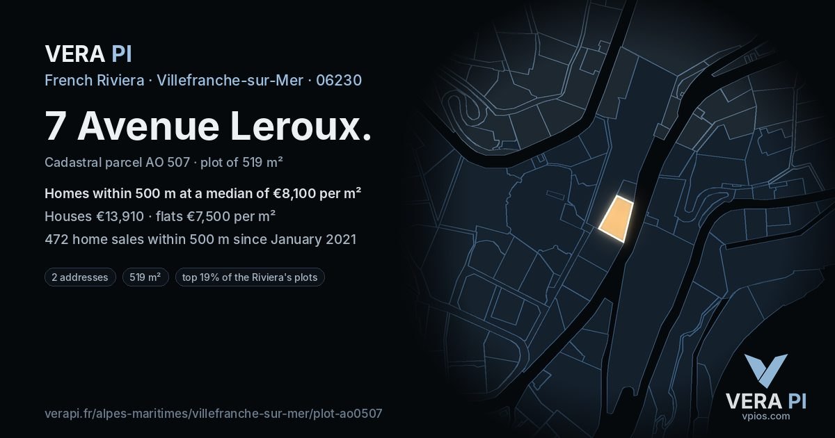 7 Avenue Leroux, Villefranche-sur-Mer at night – the plot lit, the parcels around coloured by the prices near them