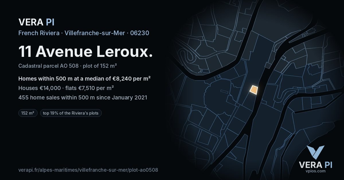11 Avenue Leroux, Villefranche-sur-Mer at night – the plot lit, the parcels around coloured by the prices near them