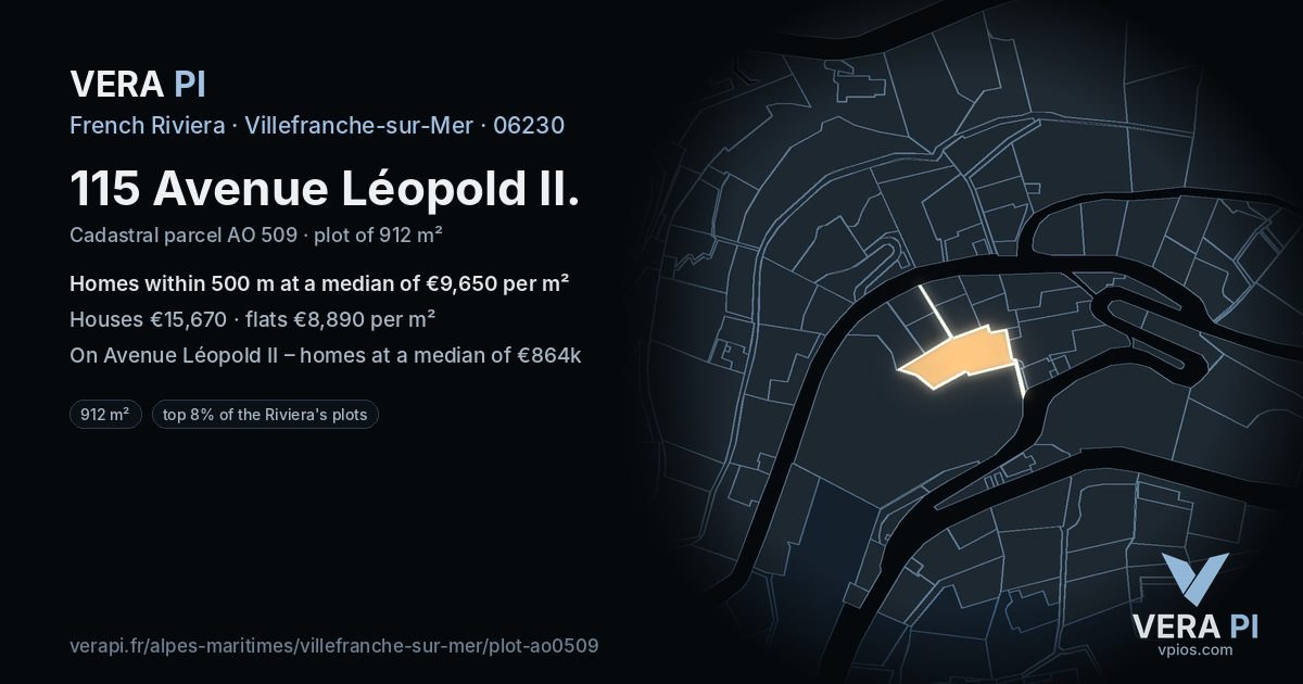 115 Avenue Léopold II, Villefranche-sur-Mer at night – the plot lit, the parcels around coloured by the prices near them