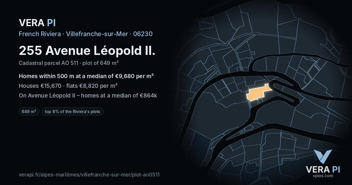 255 Avenue Léopold II, Villefranche-sur-Mer at night – the plot lit, the parcels around coloured by the prices near them