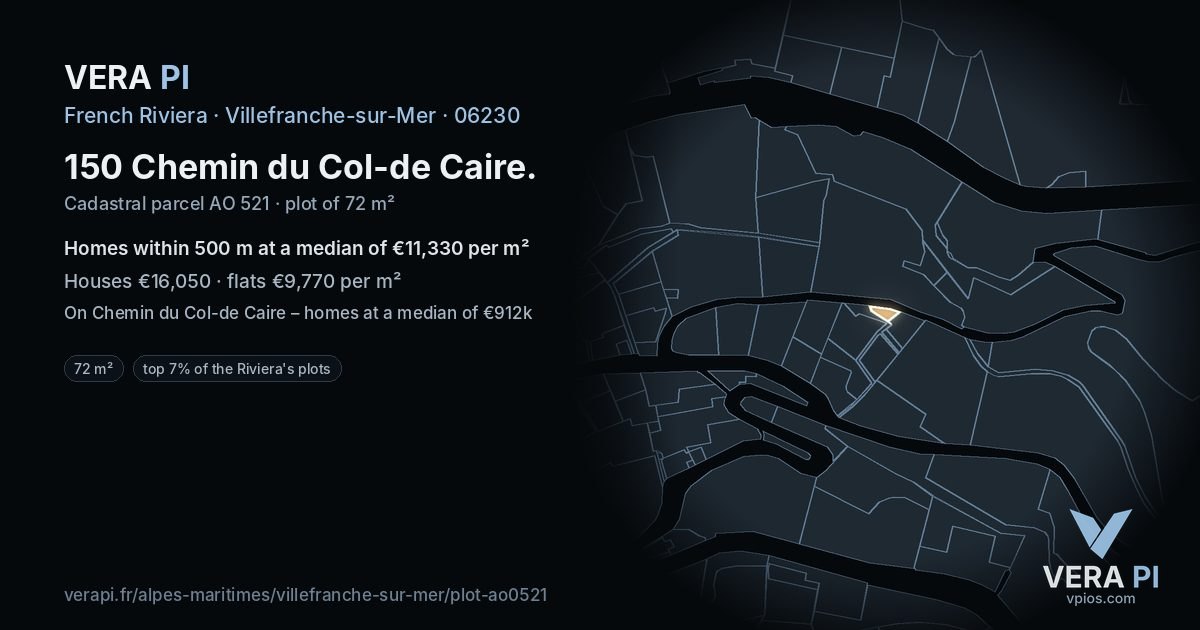 150 Chemin du Col-de Caire, Villefranche-sur-Mer at night – the plot lit, the parcels around coloured by the prices near them