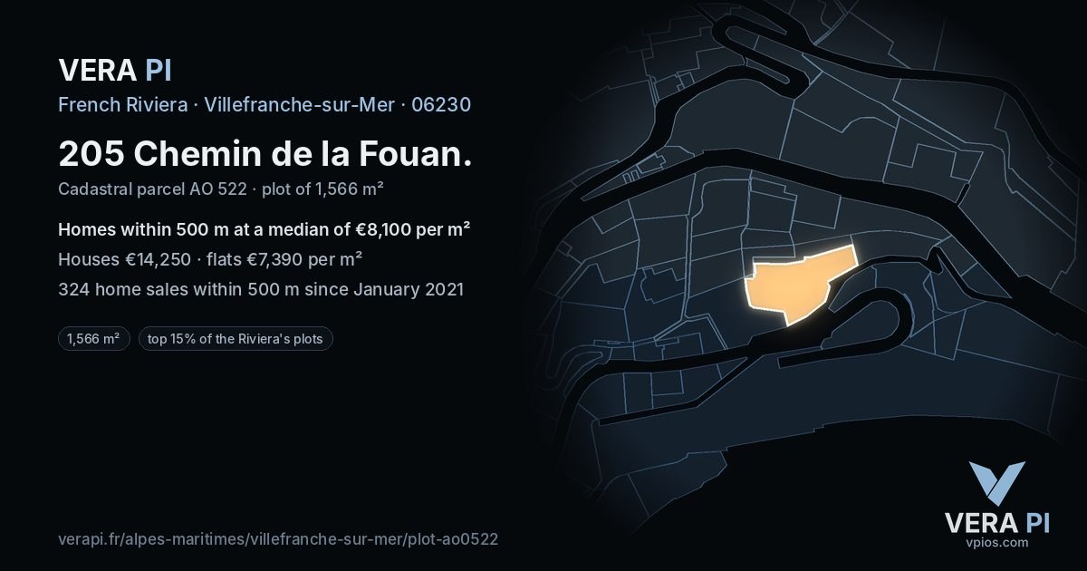 205 Chemin de la Fouan, Villefranche-sur-Mer at night – the plot lit, the parcels around coloured by the prices near them