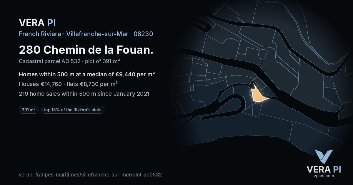 280 Chemin de la Fouan, Villefranche-sur-Mer at night – the plot lit, the parcels around coloured by the prices near them