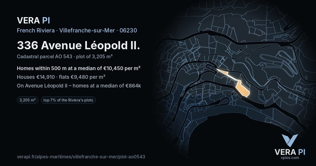336 Avenue Léopold II, Villefranche-sur-Mer at night – the plot lit, the parcels around coloured by the prices near them