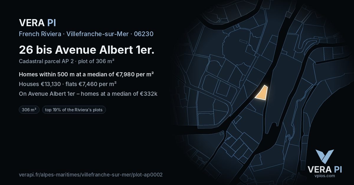 26 bis Avenue Albert 1er, Villefranche-sur-Mer at night – the plot lit, the parcels around coloured by the prices near them