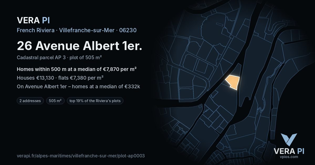 26 Avenue Albert 1er, Villefranche-sur-Mer at night – the plot lit, the parcels around coloured by the prices near them