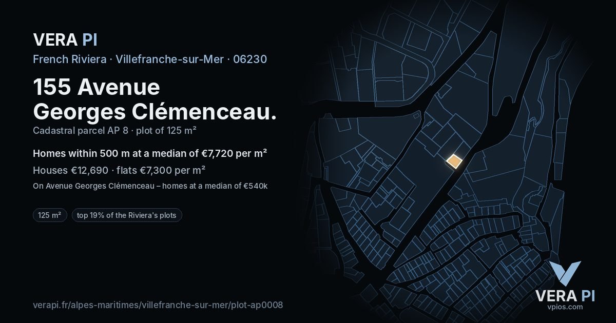 155 Avenue Georges Clémenceau, Villefranche-sur-Mer at night – the plot lit, the parcels around coloured by the prices near them