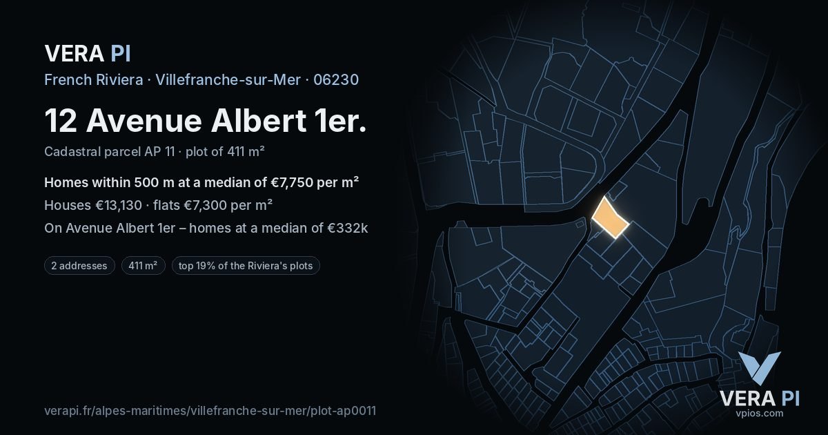 12 Avenue Albert 1er, Villefranche-sur-Mer at night – the plot lit, the parcels around coloured by the prices near them