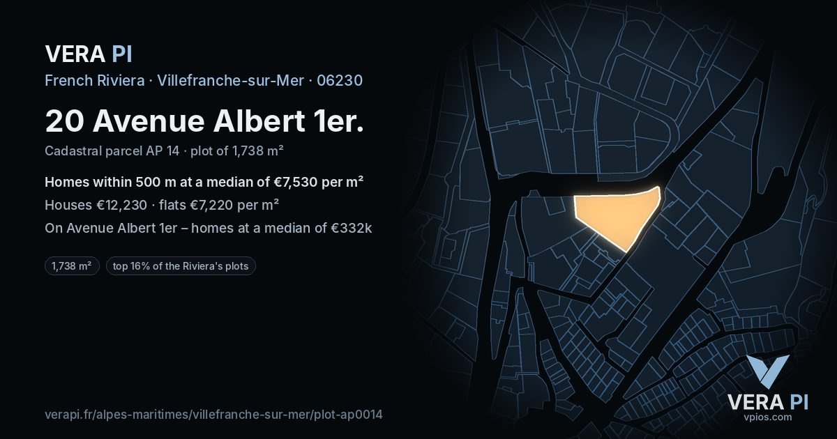 20 Avenue Albert 1er, Villefranche-sur-Mer at night – the plot lit, the parcels around coloured by the prices near them