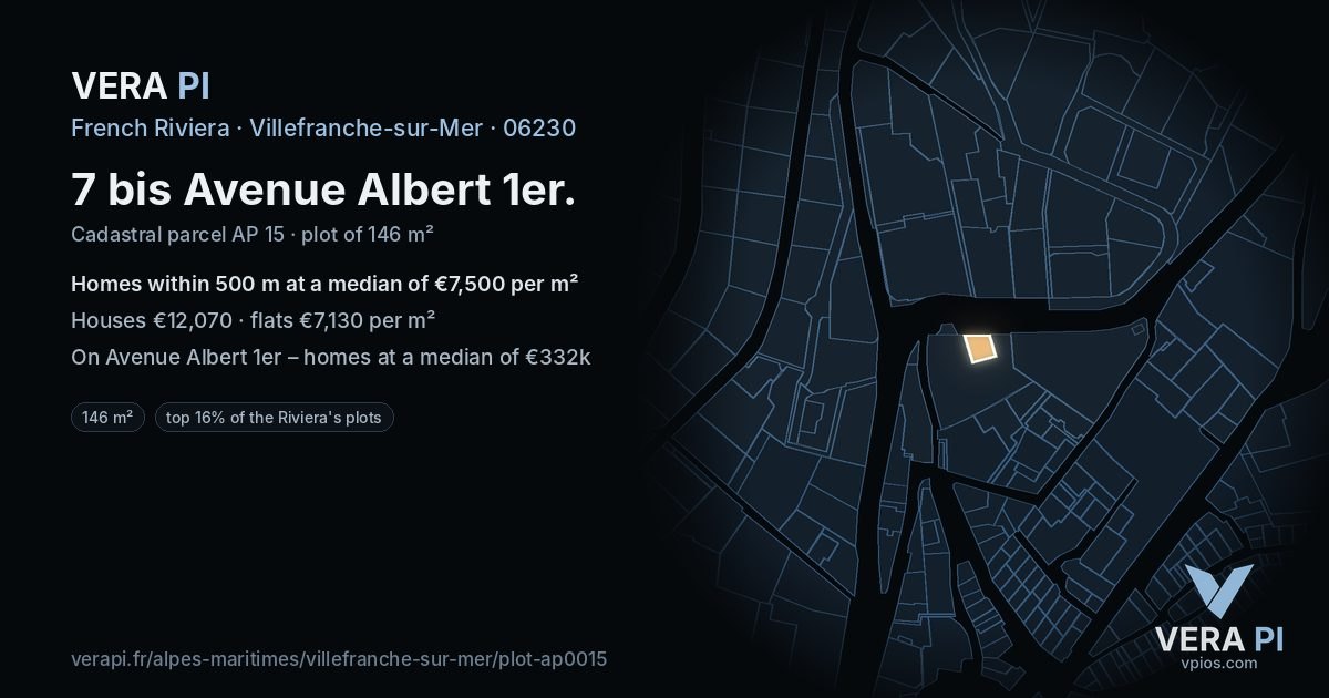 7 bis Avenue Albert 1er, Villefranche-sur-Mer at night – the plot lit, the parcels around coloured by the prices near them