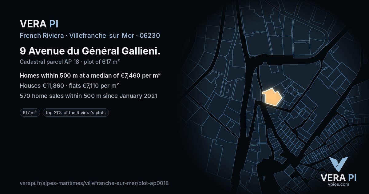 9 Avenue du Général Gallieni, Villefranche-sur-Mer at night – the plot lit, the parcels around coloured by the prices near them