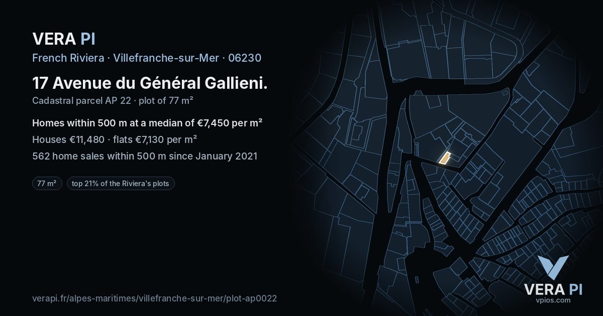 17 Avenue du Général Gallieni, Villefranche-sur-Mer at night – the plot lit, the parcels around coloured by the prices near them
