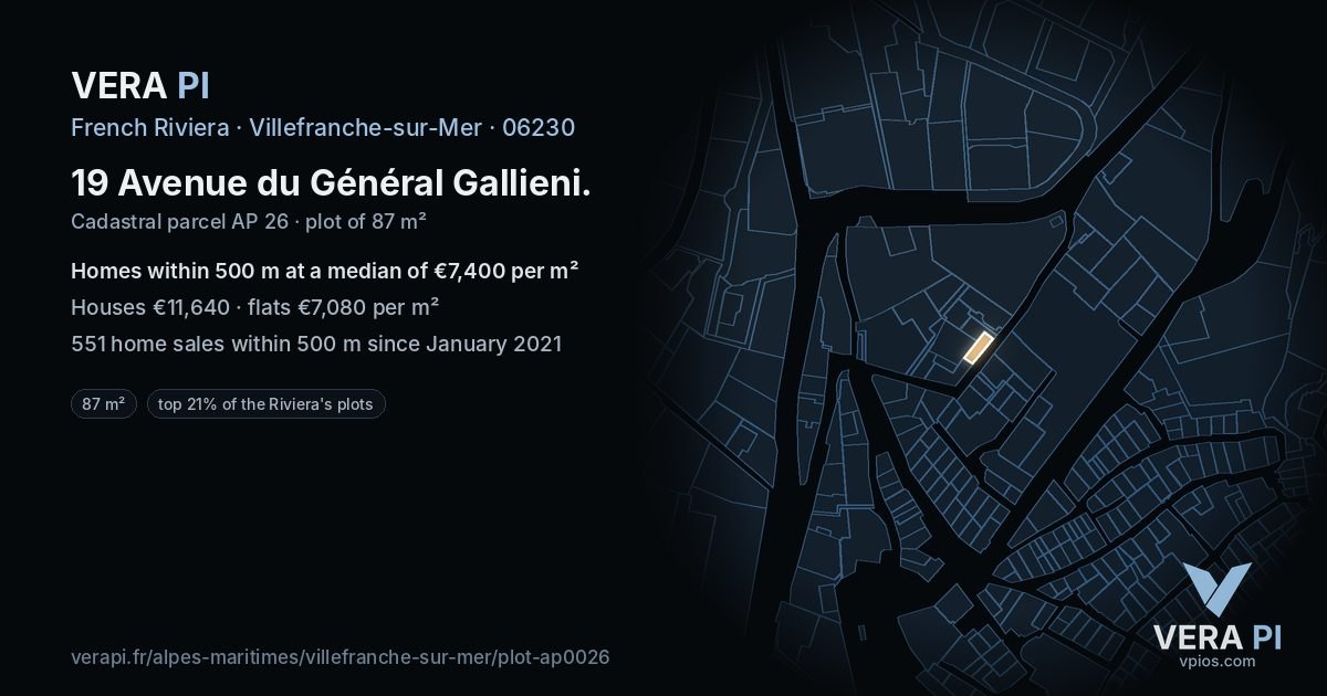 19 Avenue du Général Gallieni, Villefranche-sur-Mer at night – the plot lit, the parcels around coloured by the prices near them