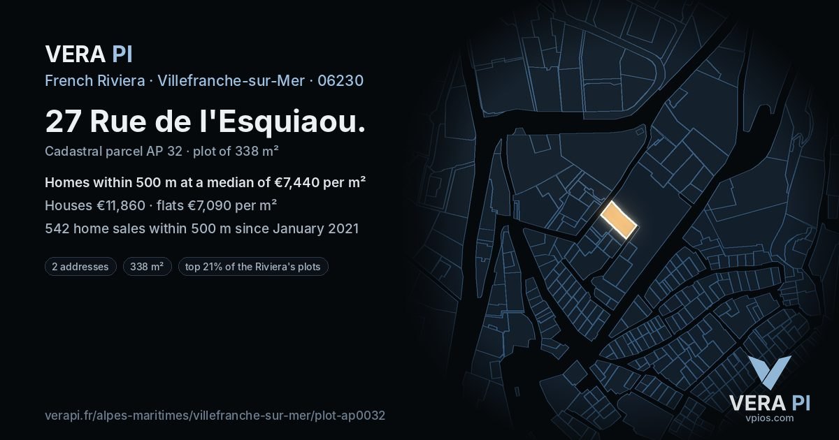 27 Rue de l'Esquiaou, Villefranche-sur-Mer at night – the plot lit, the parcels around coloured by the prices near them
