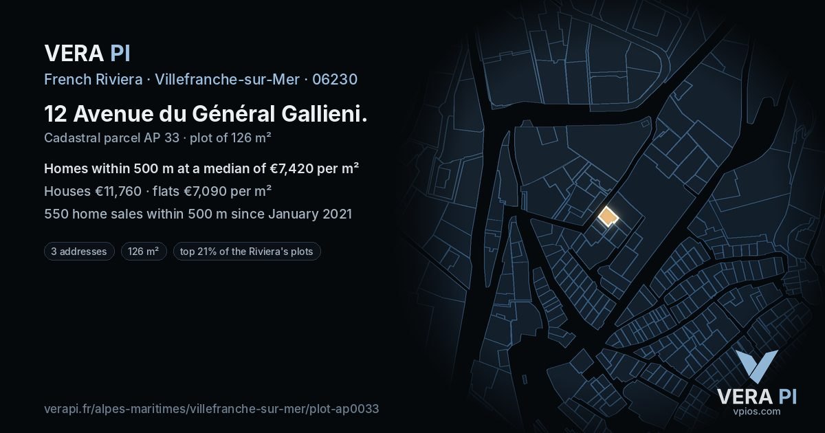 12 Avenue du Général Gallieni, Villefranche-sur-Mer at night – the plot lit, the parcels around coloured by the prices near them