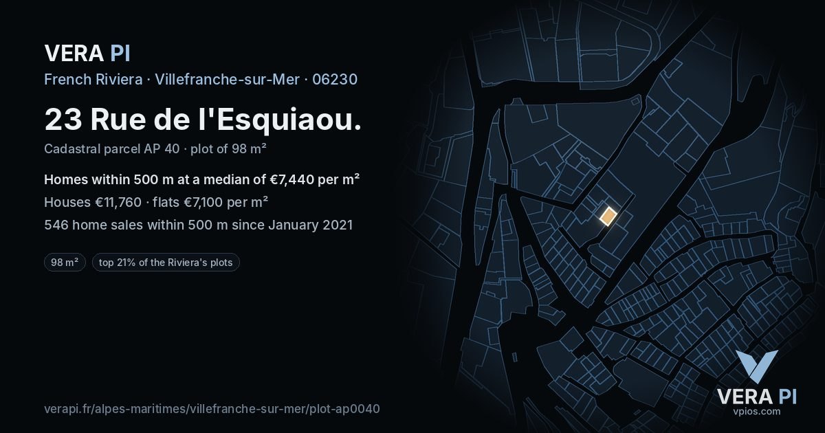 23 Rue de l'Esquiaou, Villefranche-sur-Mer at night – the plot lit, the parcels around coloured by the prices near them