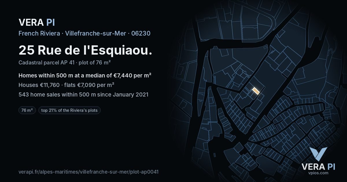 25 Rue de l'Esquiaou, Villefranche-sur-Mer at night – the plot lit, the parcels around coloured by the prices near them