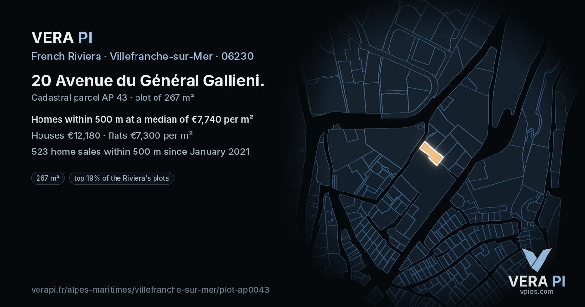 20 Avenue du Général Gallieni, Villefranche-sur-Mer at night – the plot lit, the parcels around coloured by the prices near them