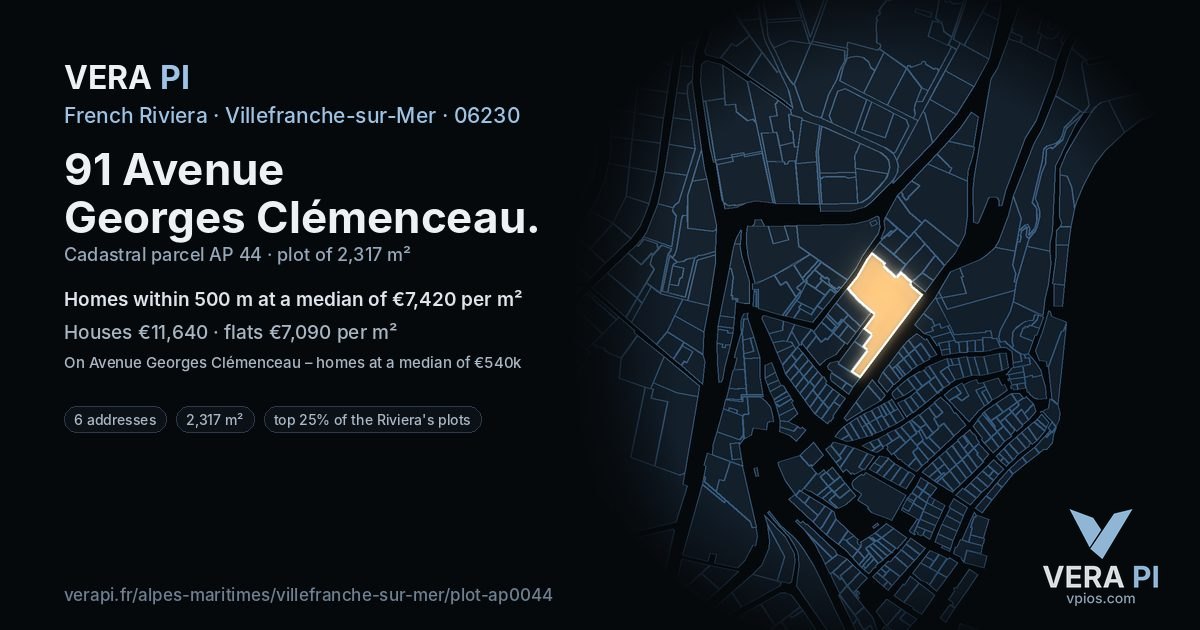 91 Avenue Georges Clémenceau, Villefranche-sur-Mer at night – the plot lit, the parcels around coloured by the prices near them