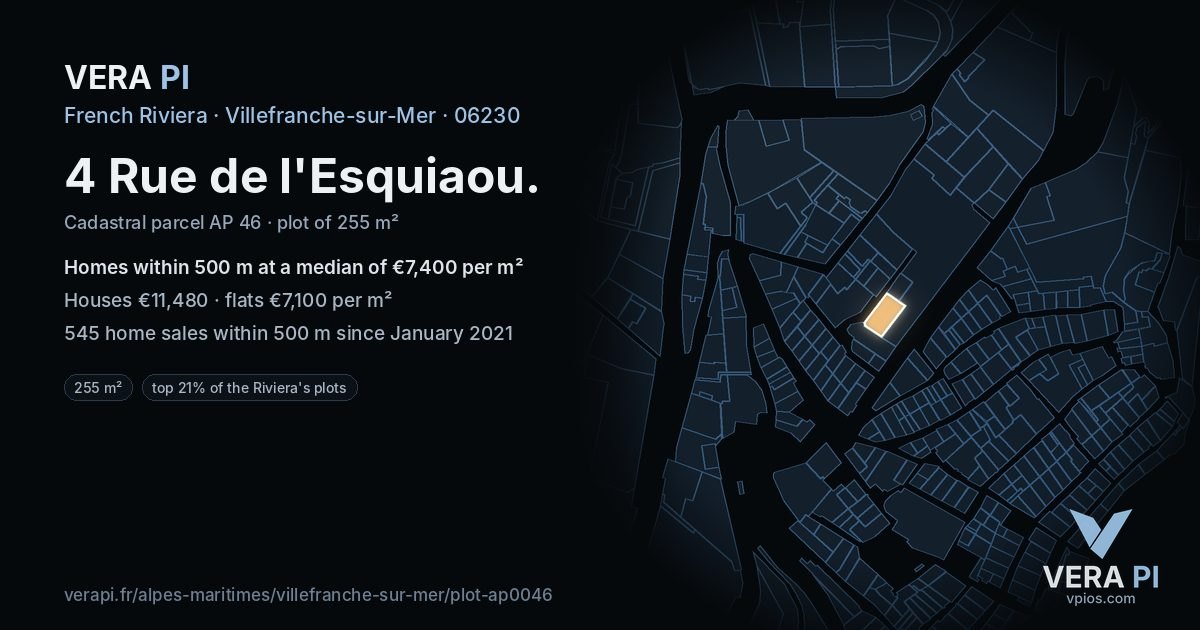 4 Rue de l'Esquiaou, Villefranche-sur-Mer at night – the plot lit, the parcels around coloured by the prices near them