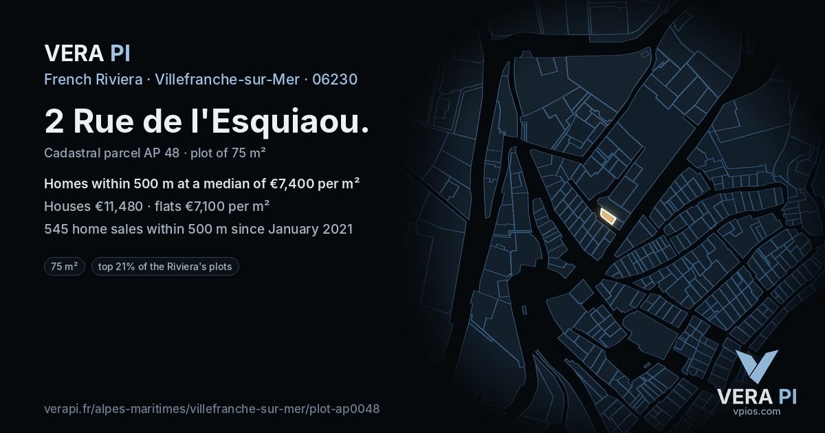 2 Rue de l'Esquiaou, Villefranche-sur-Mer at night – the plot lit, the parcels around coloured by the prices near them