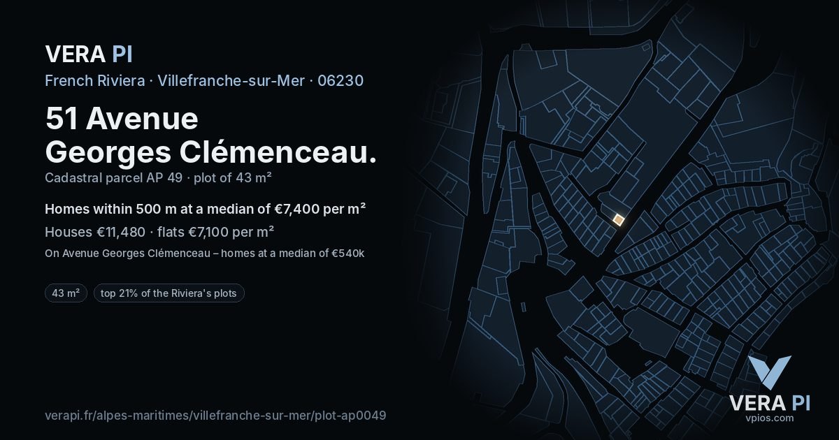 51 Avenue Georges Clémenceau, Villefranche-sur-Mer at night – the plot lit, the parcels around coloured by the prices near them