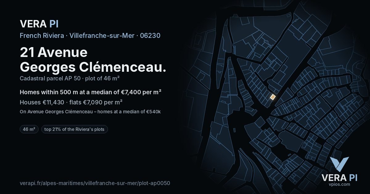 21 Avenue Georges Clémenceau, Villefranche-sur-Mer at night – the plot lit, the parcels around coloured by the prices near them