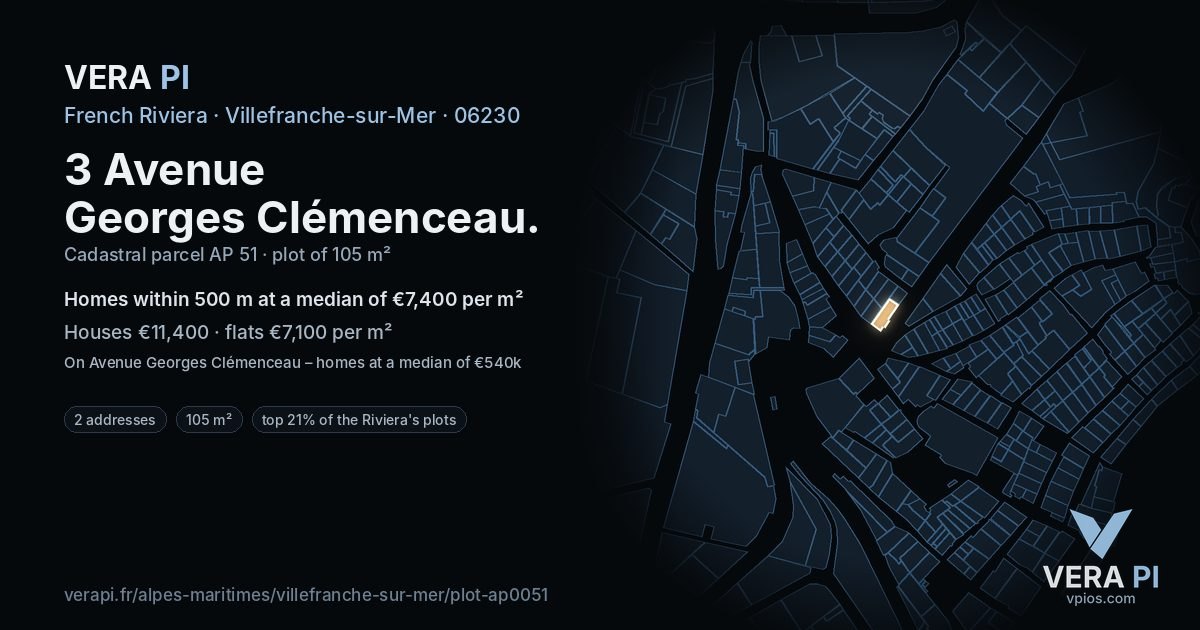 3 Avenue Georges Clémenceau, Villefranche-sur-Mer at night – the plot lit, the parcels around coloured by the prices near them
