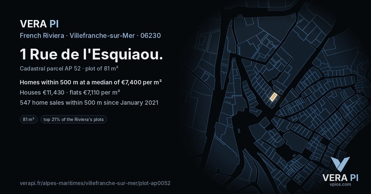 1 Rue de l'Esquiaou, Villefranche-sur-Mer at night – the plot lit, the parcels around coloured by the prices near them