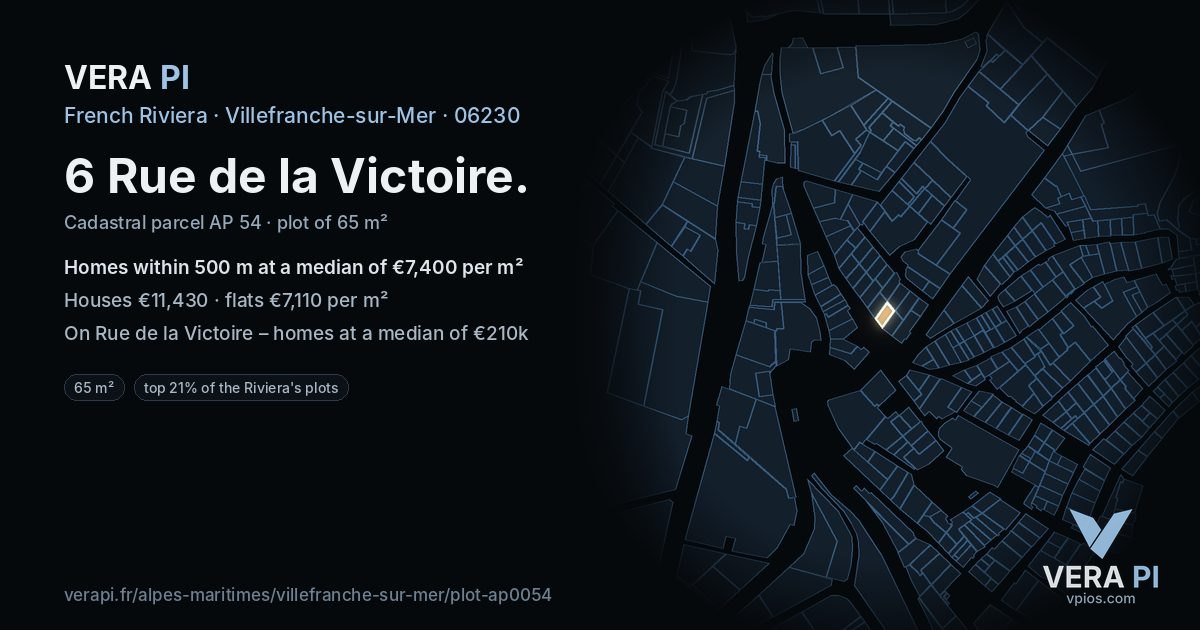 6 Rue de la Victoire, Villefranche-sur-Mer at night – the plot lit, the parcels around coloured by the prices near them