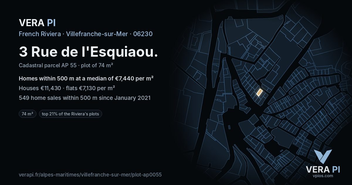 3 Rue de l'Esquiaou, Villefranche-sur-Mer at night – the plot lit, the parcels around coloured by the prices near them
