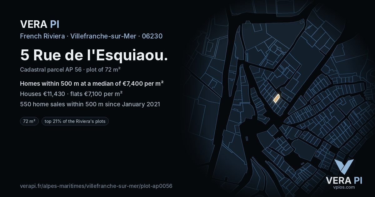5 Rue de l'Esquiaou, Villefranche-sur-Mer at night – the plot lit, the parcels around coloured by the prices near them