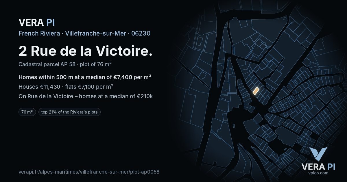 2 Rue de la Victoire, Villefranche-sur-Mer at night – the plot lit, the parcels around coloured by the prices near them