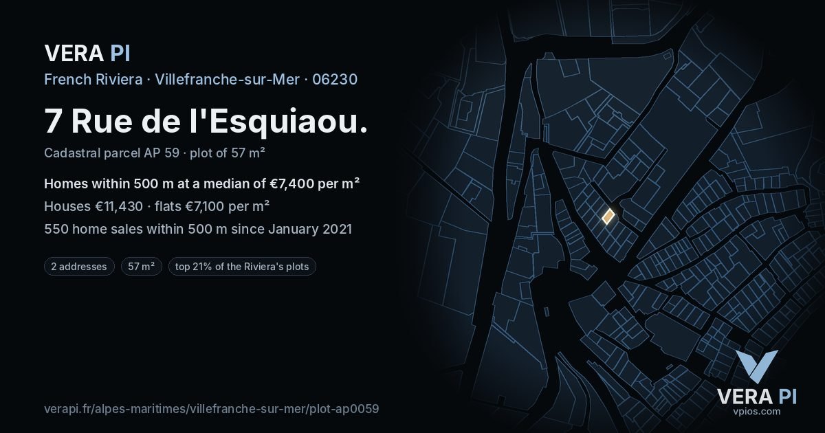 7 Rue de l'Esquiaou, Villefranche-sur-Mer at night – the plot lit, the parcels around coloured by the prices near them