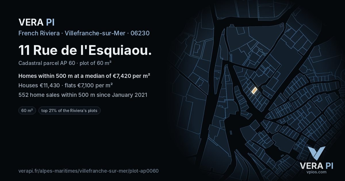 11 Rue de l'Esquiaou, Villefranche-sur-Mer at night – the plot lit, the parcels around coloured by the prices near them