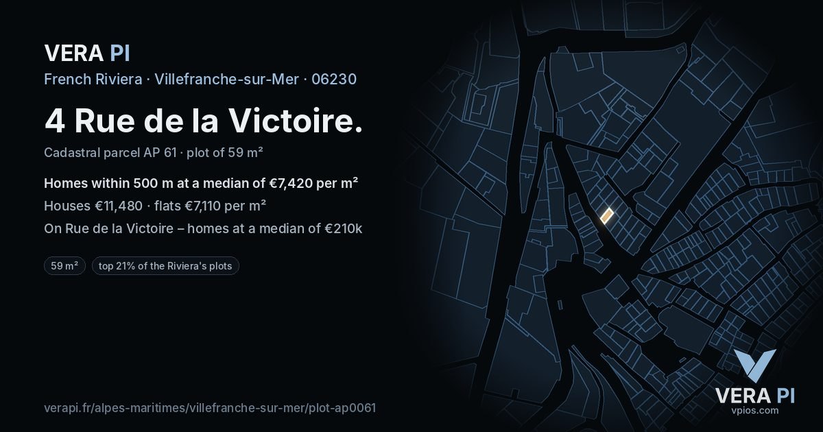 4 Rue de la Victoire, Villefranche-sur-Mer at night – the plot lit, the parcels around coloured by the prices near them