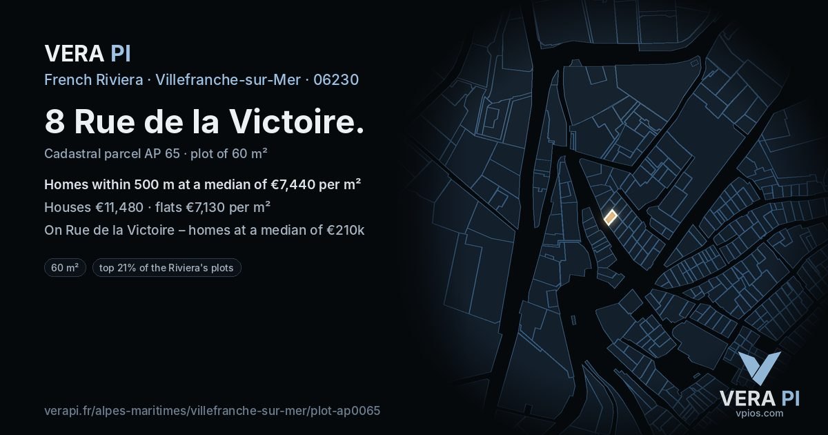 8 Rue de la Victoire, Villefranche-sur-Mer at night – the plot lit, the parcels around coloured by the prices near them