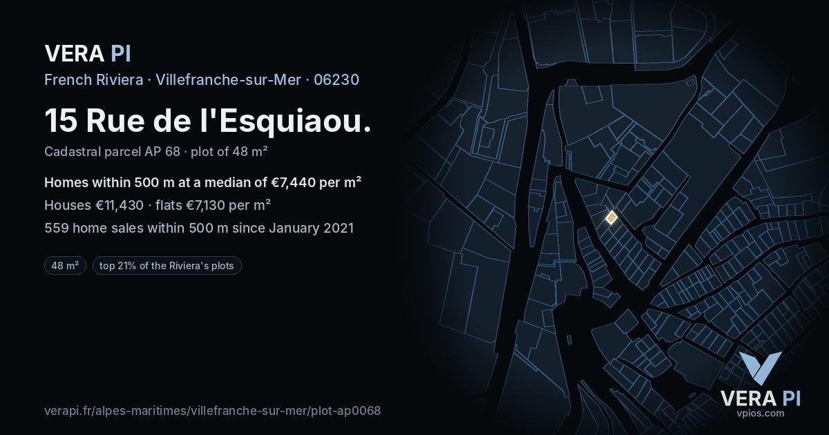 15 Rue de l'Esquiaou, Villefranche-sur-Mer at night – the plot lit, the parcels around coloured by the prices near them