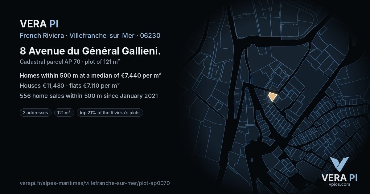 8 Avenue du Général Gallieni, Villefranche-sur-Mer at night – the plot lit, the parcels around coloured by the prices near them