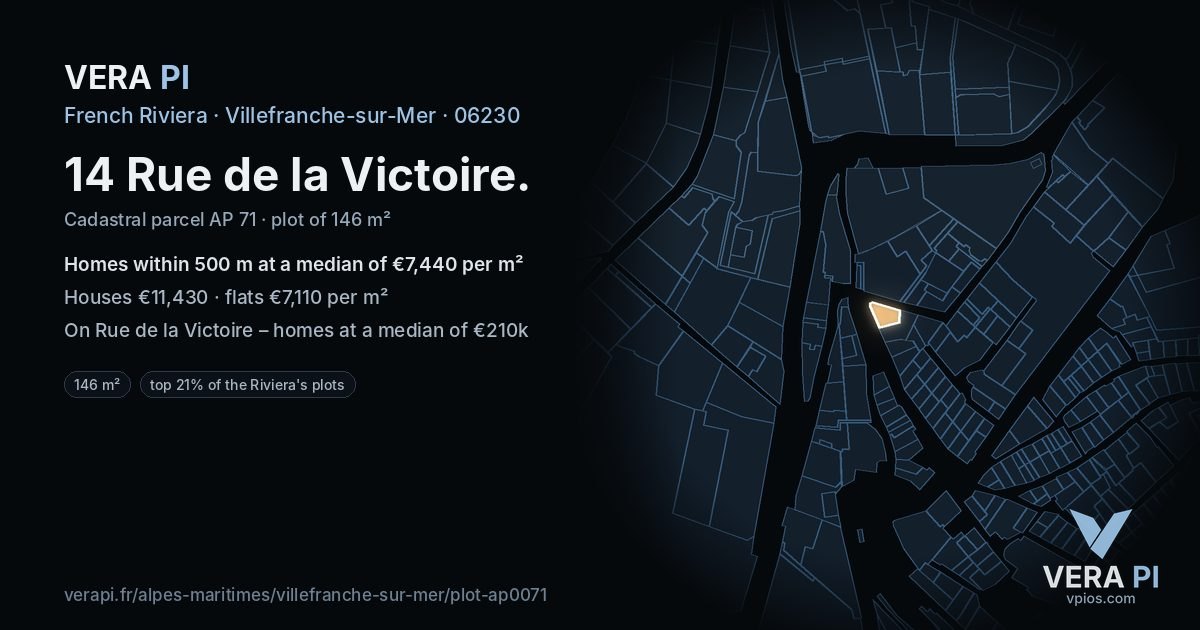 14 Rue de la Victoire, Villefranche-sur-Mer at night – the plot lit, the parcels around coloured by the prices near them