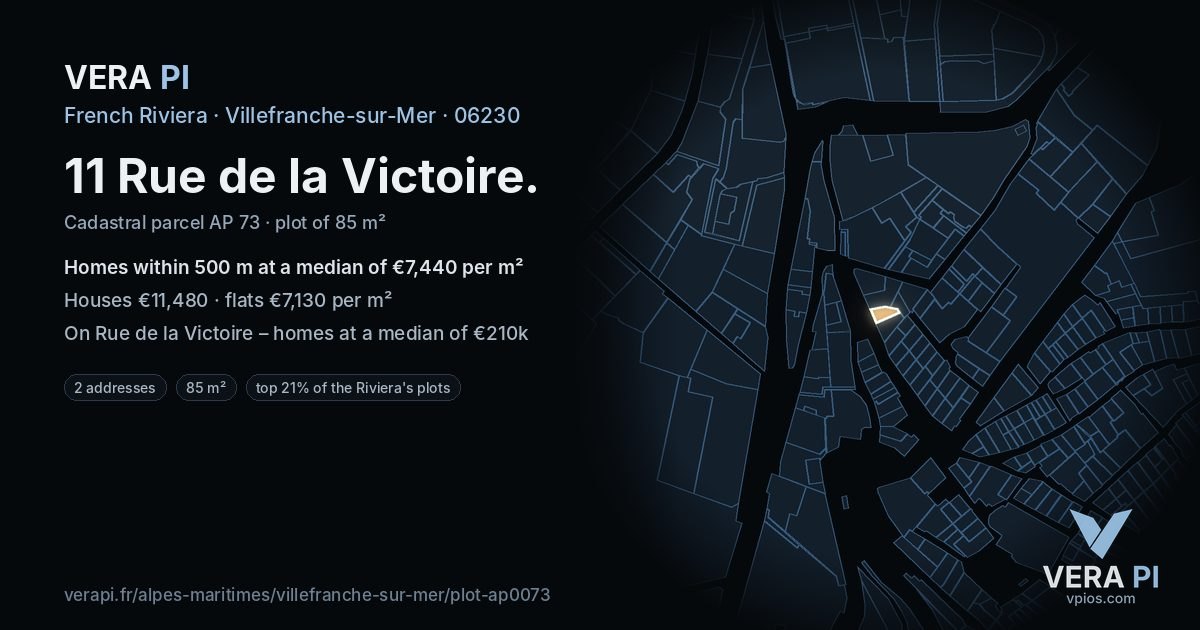 11 Rue de la Victoire, Villefranche-sur-Mer at night – the plot lit, the parcels around coloured by the prices near them