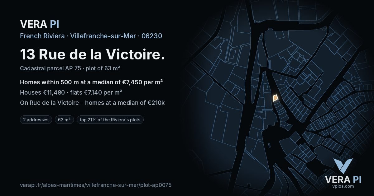 13 Rue de la Victoire, Villefranche-sur-Mer at night – the plot lit, the parcels around coloured by the prices near them