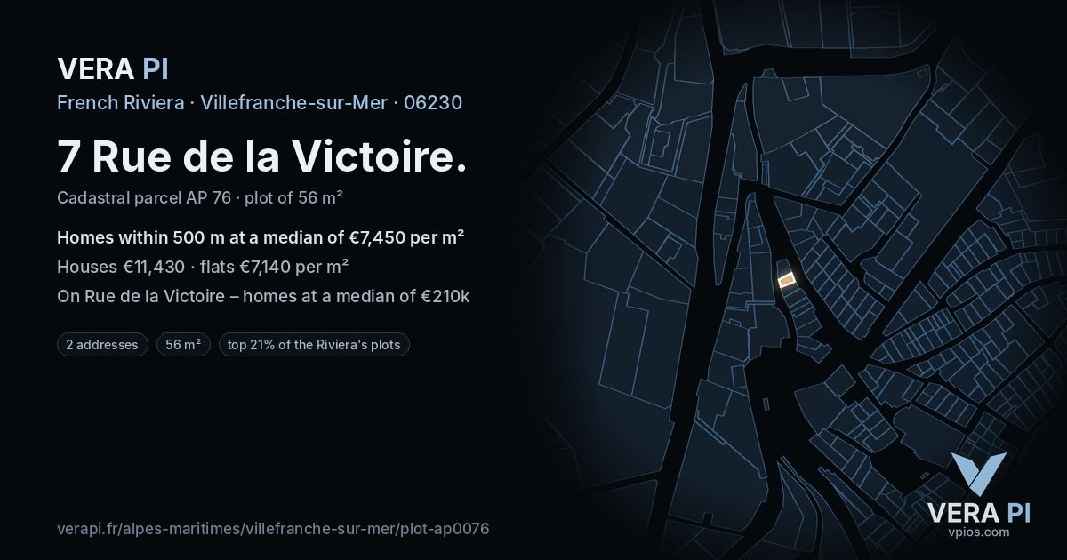 7 Rue de la Victoire, Villefranche-sur-Mer at night – the plot lit, the parcels around coloured by the prices near them