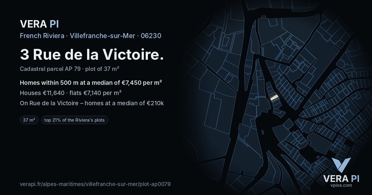 3 Rue de la Victoire, Villefranche-sur-Mer at night – the plot lit, the parcels around coloured by the prices near them
