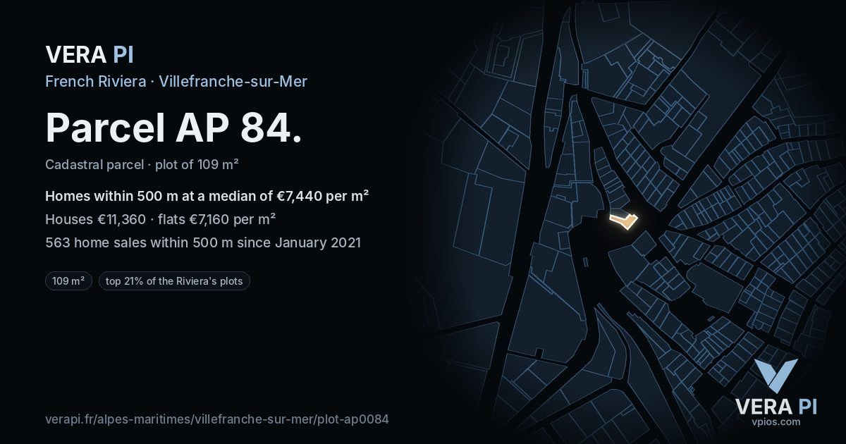 Parcel AP 84, Villefranche-sur-Mer at night – the plot lit, the parcels around coloured by the prices near them