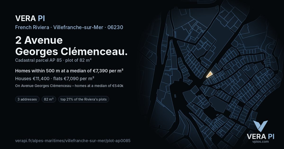 2 Avenue Georges Clémenceau, Villefranche-sur-Mer at night – the plot lit, the parcels around coloured by the prices near them