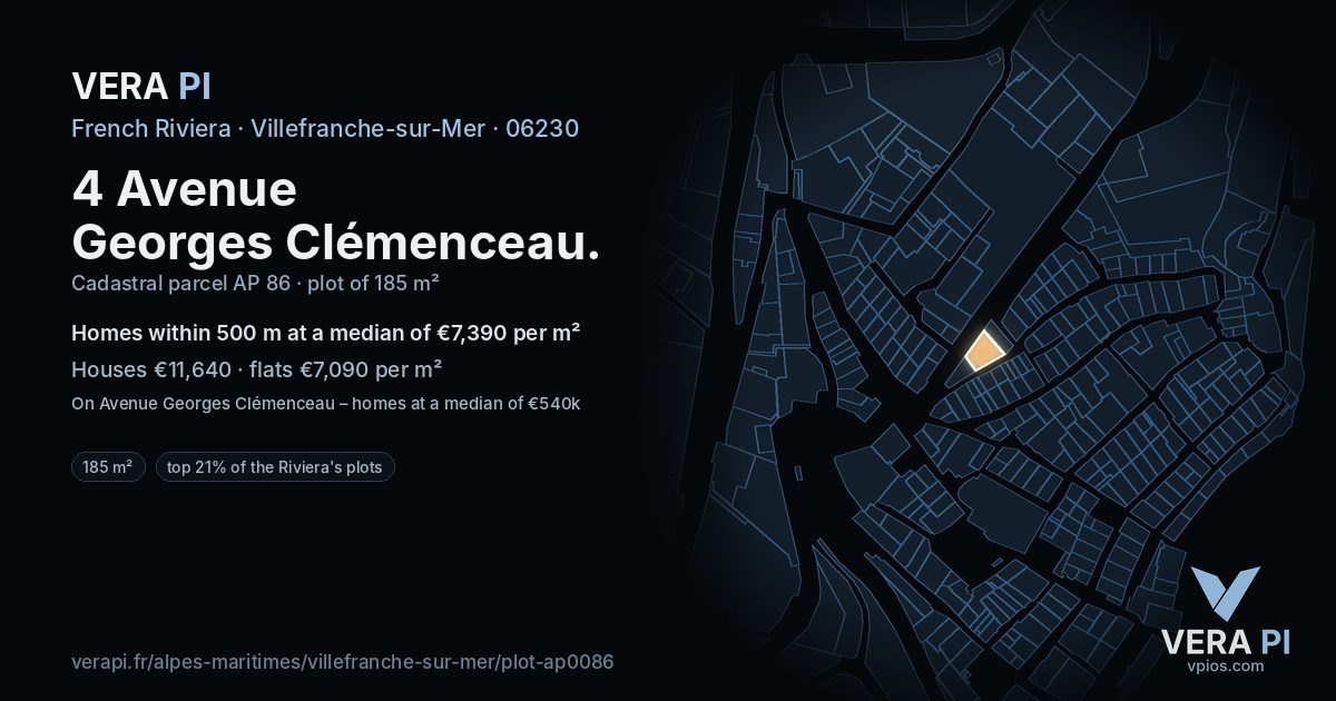 4 Avenue Georges Clémenceau, Villefranche-sur-Mer at night – the plot lit, the parcels around coloured by the prices near them